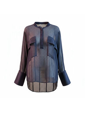 Mango MNG Sheer Textured Blouse Blue Purple High Low Tunic Size 8